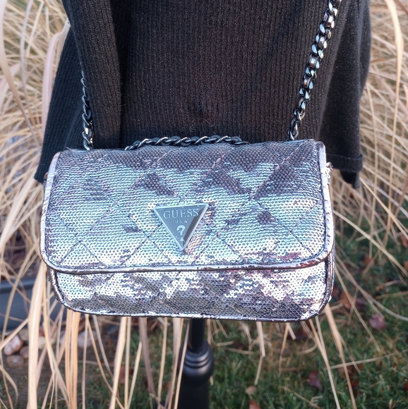 Guess Sequin Pewter Mini Cessily Crossbody Bag - Picture 2 of 16
